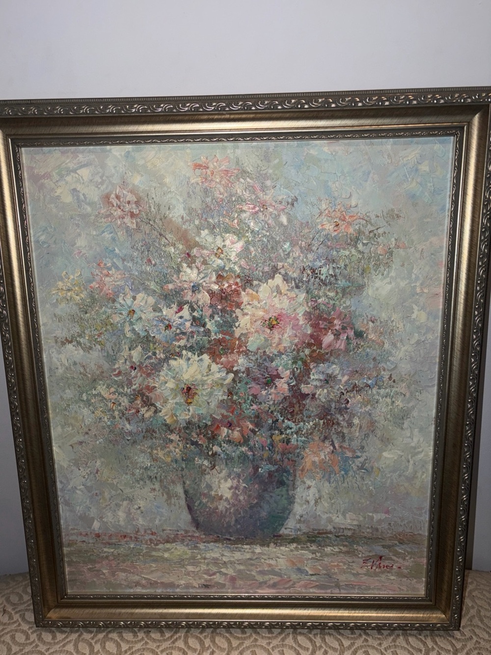 Framed  Oil Painting Still Life Floral Arrangement impasto technique signed